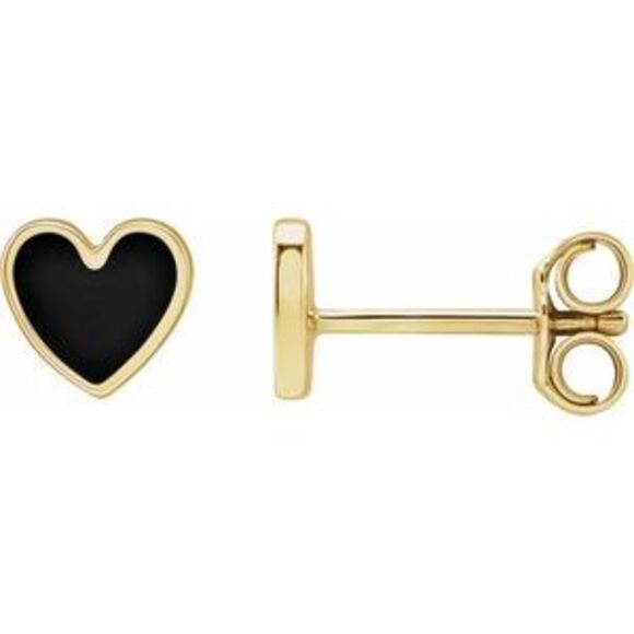 Kazi Luxury 14K Yellow Gold 5.9x5.5 mm Black Enamel Heart Earrings